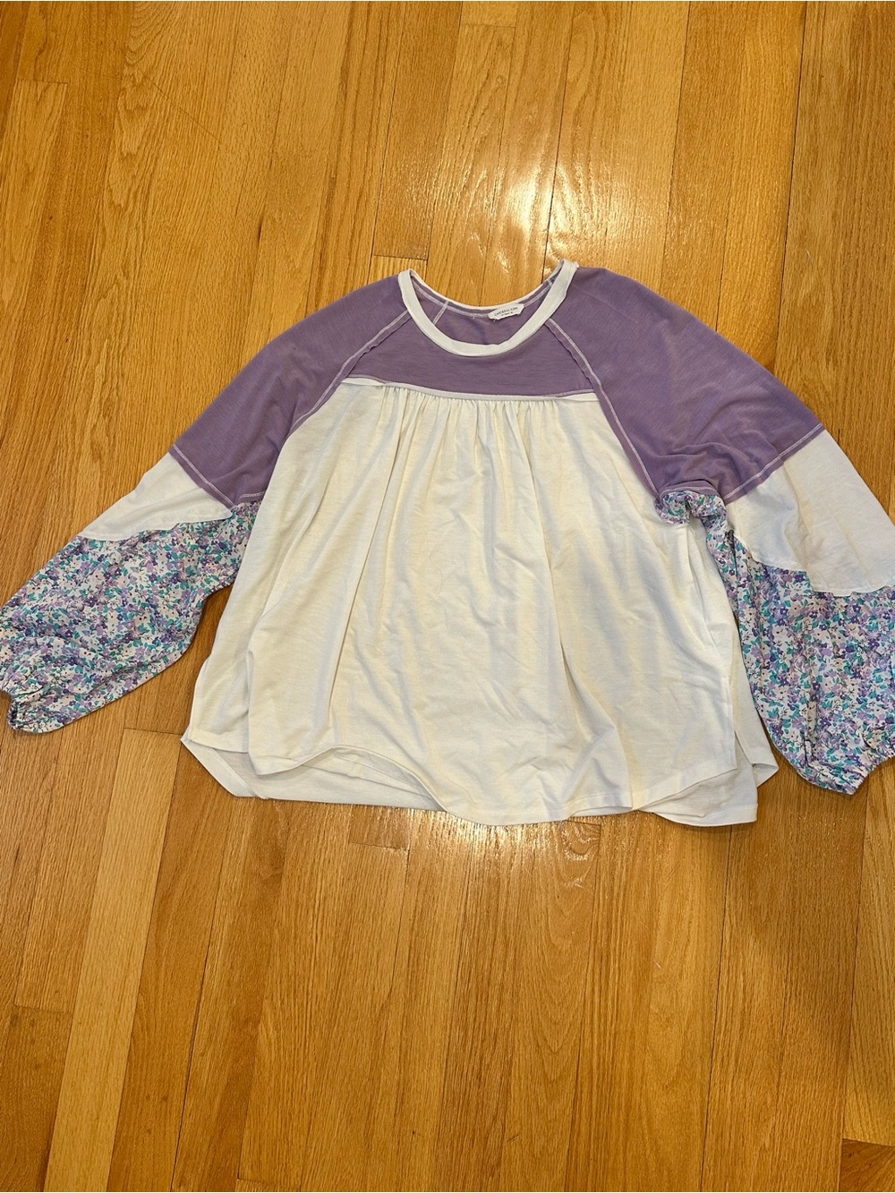 Chic Soul Babydoll Top Floral Sleeve Purple Ivory 3X